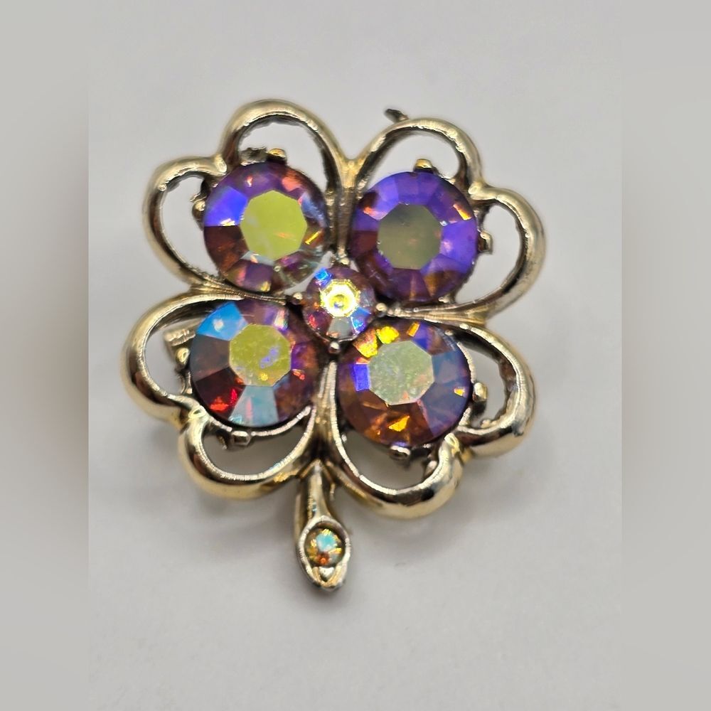 Vintage Sparkly Aurora Borealis Rhinestone Four Leaf Clover Pin Brooch, c. 1950s